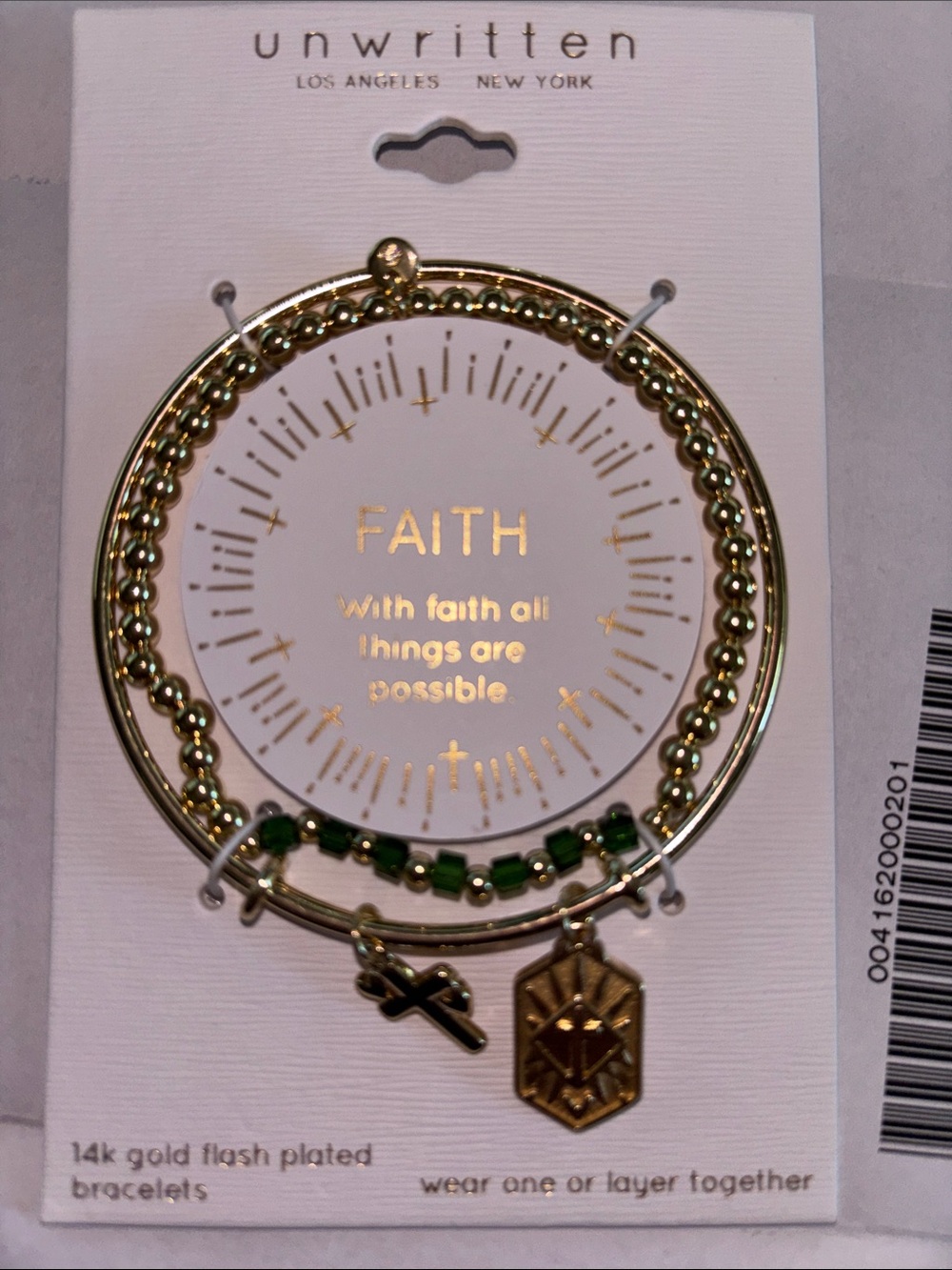 Unwritten Gold Bracelet Set with Green Beads and Faith Charms